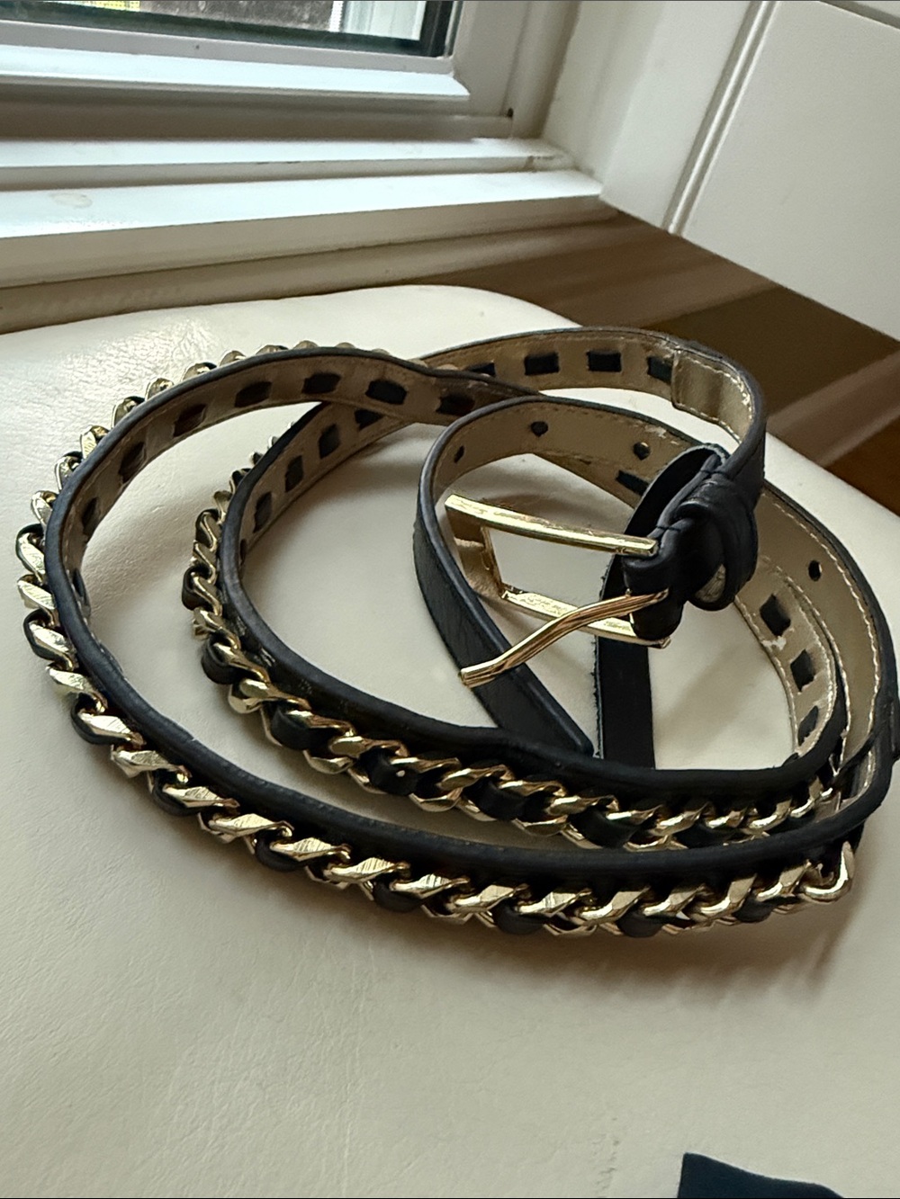 Etcetera Black Genuine Leather Belt Chain Detail Size Large
